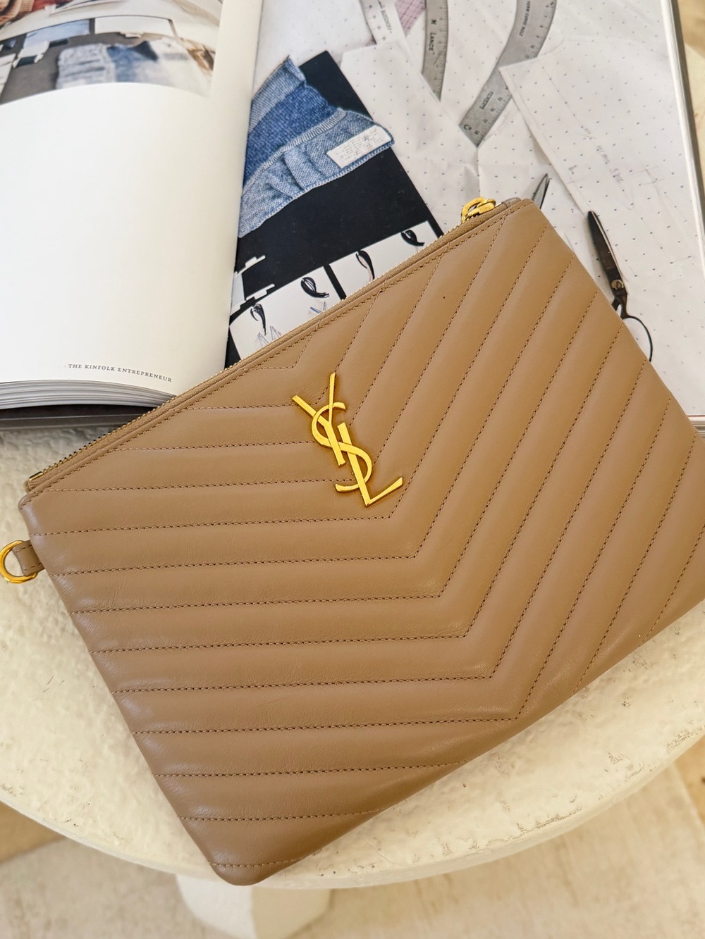 Yves Saint Laurent Tan Quilted Leather Clutch with Gold YSL Emblem - Picture 1 of 3